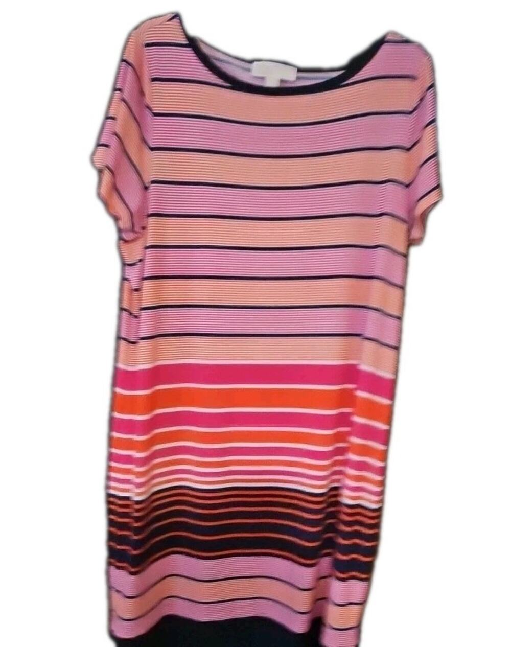 Michael Kors Dress Sz 1X Pink Blue Stripe Shift Cap Sleeve Stretch Classic